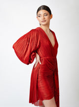Rochie scurtă, Lida, cu mânecă bufantă și panglică pe picior, roșie