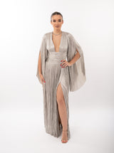Rochie lungă, Alana, plisată, silver, cu fermoar ascuns