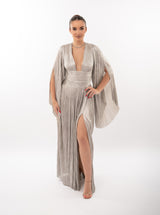 Rochie lungă, Alana, plisată, silver, cu fermoar ascuns