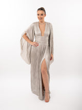 Rochie lungă, Alana, plisată, silver, cu fermoar ascuns