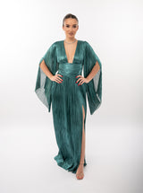 Rochie lungă, Alana, plisată, verde smarald
