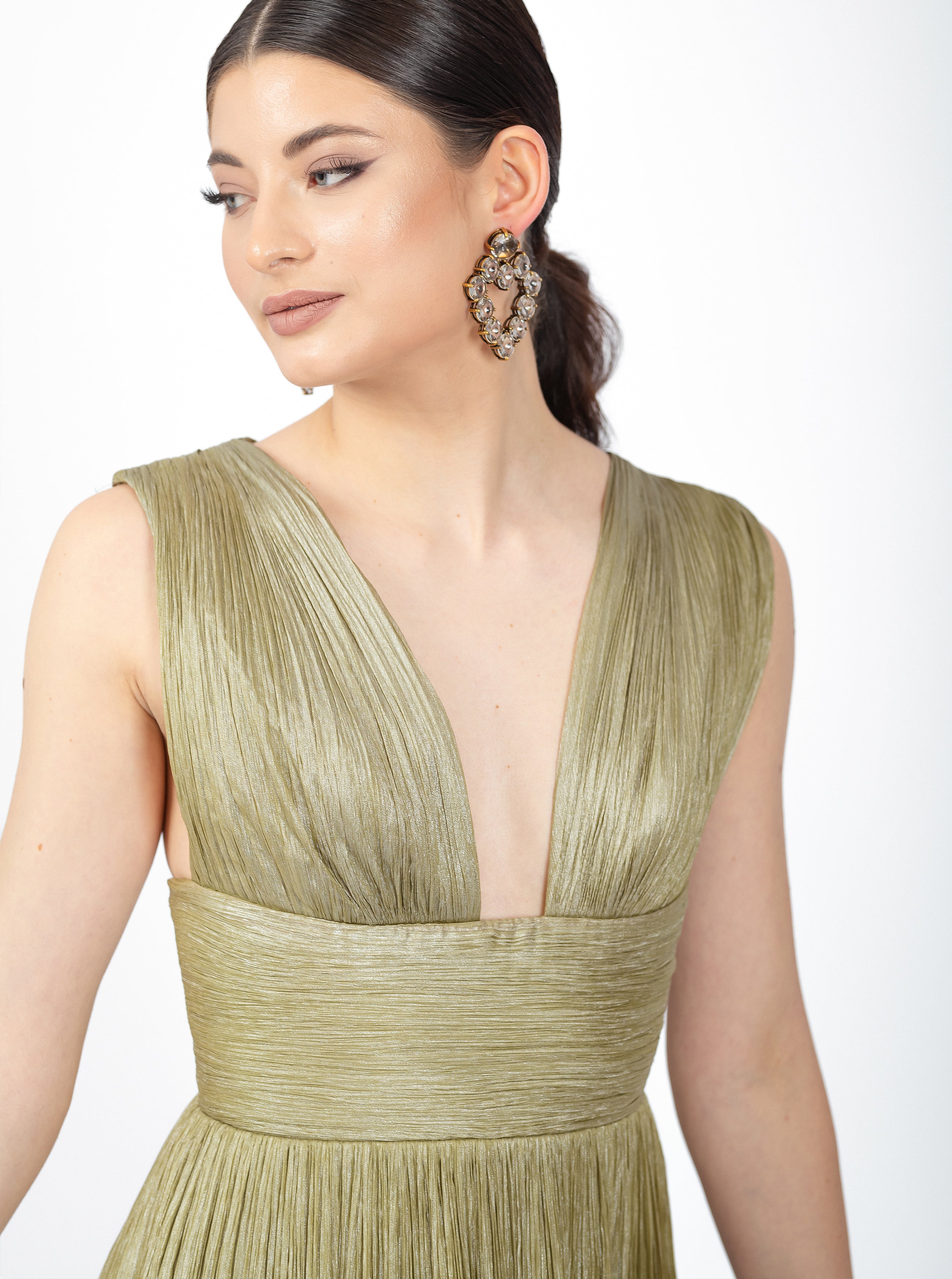 Rochie midi, Zoey, cu textură plisată, verde olive