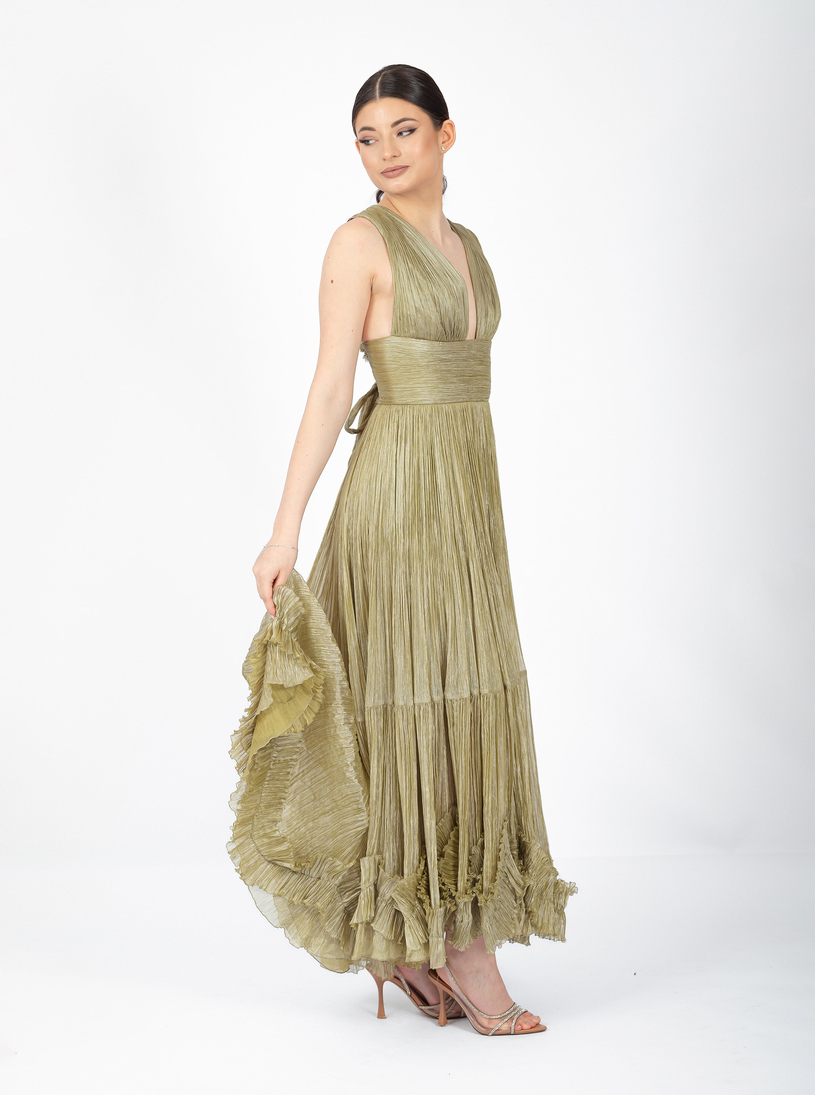 Rochie midi, Zoey, cu textură plisată, verde olive