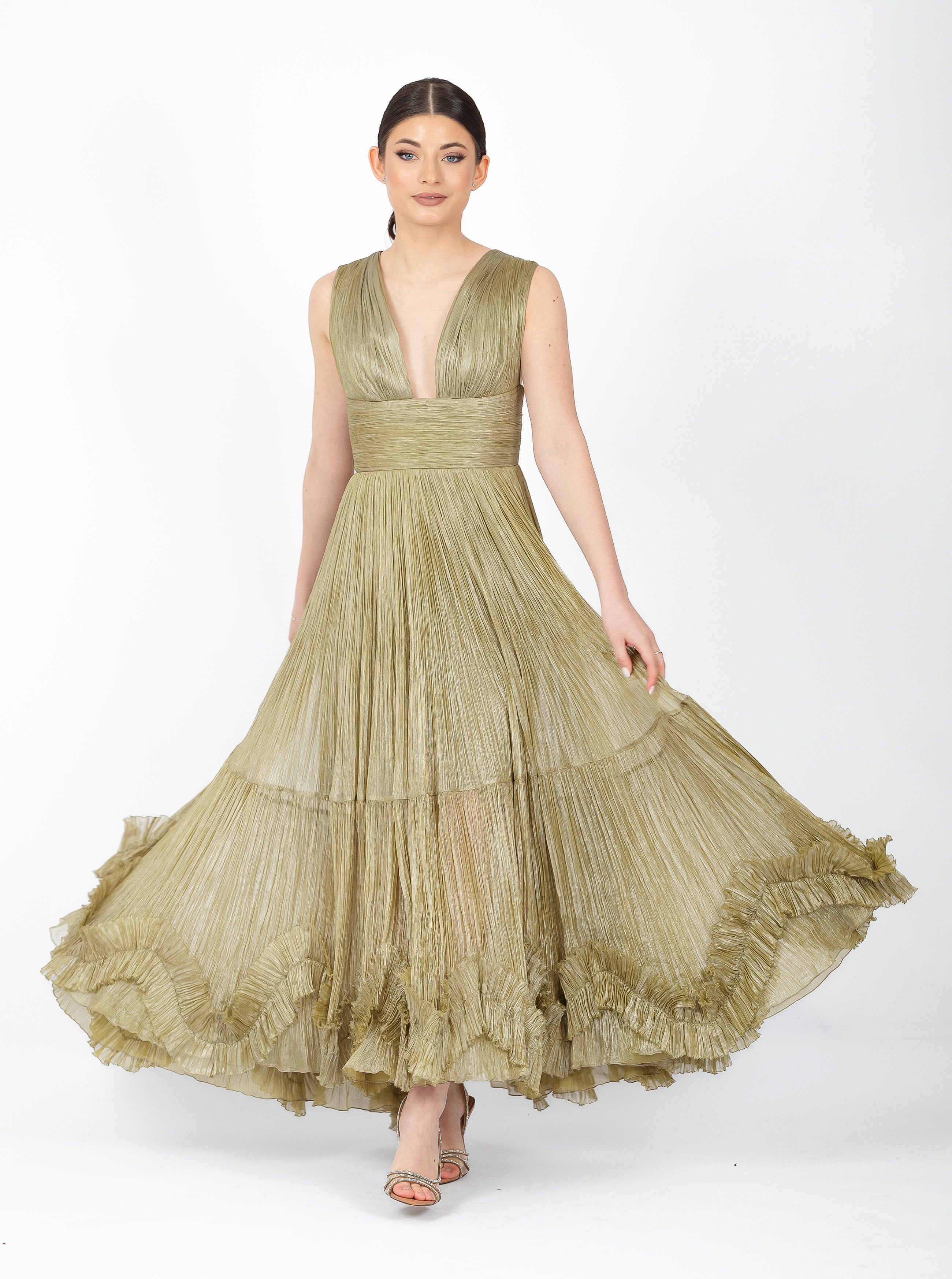 Rochie midi, Zoey, cu textură plisată, verde olive