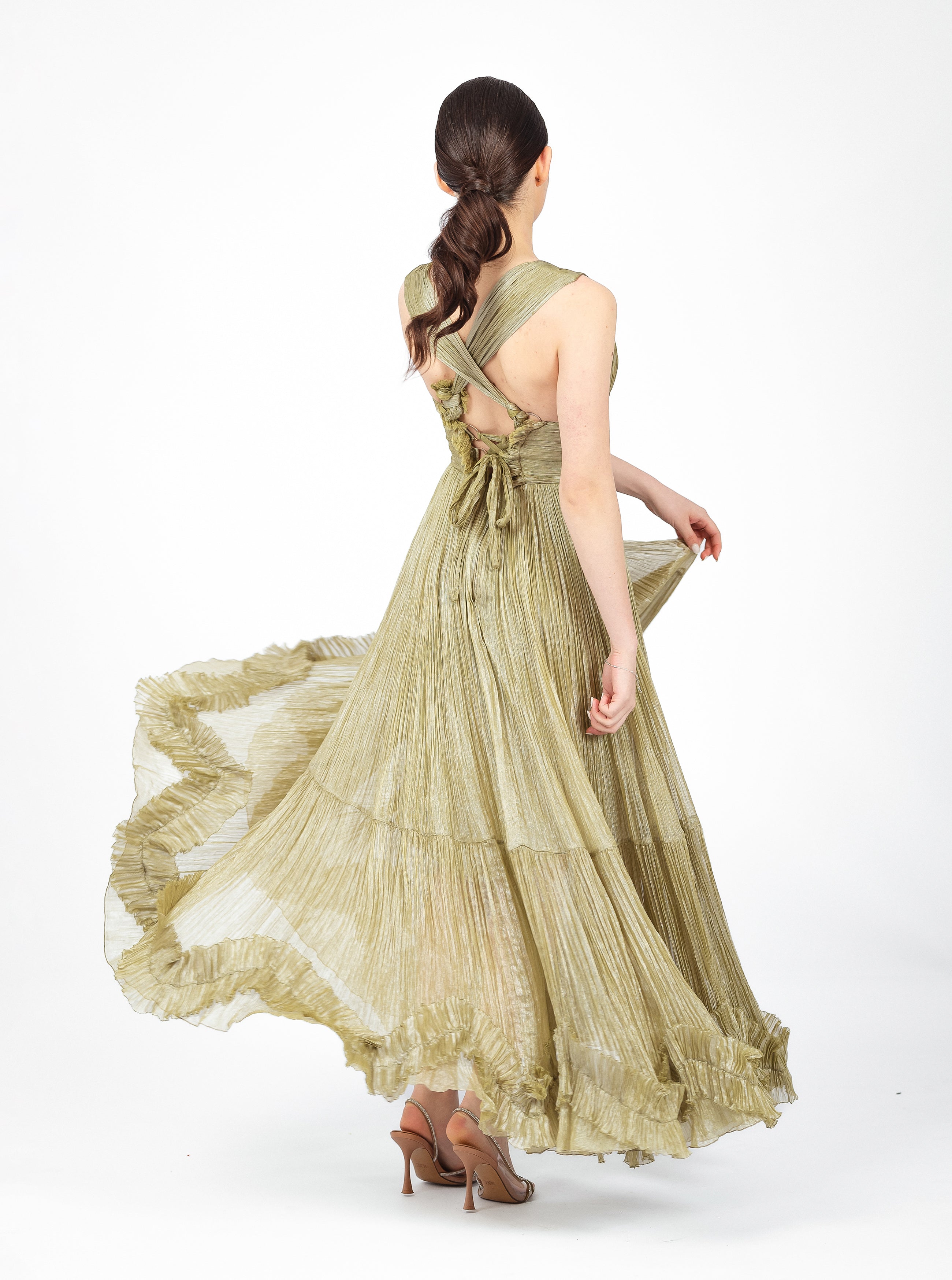 Rochie midi, Zoey, cu textură plisată, verde olive