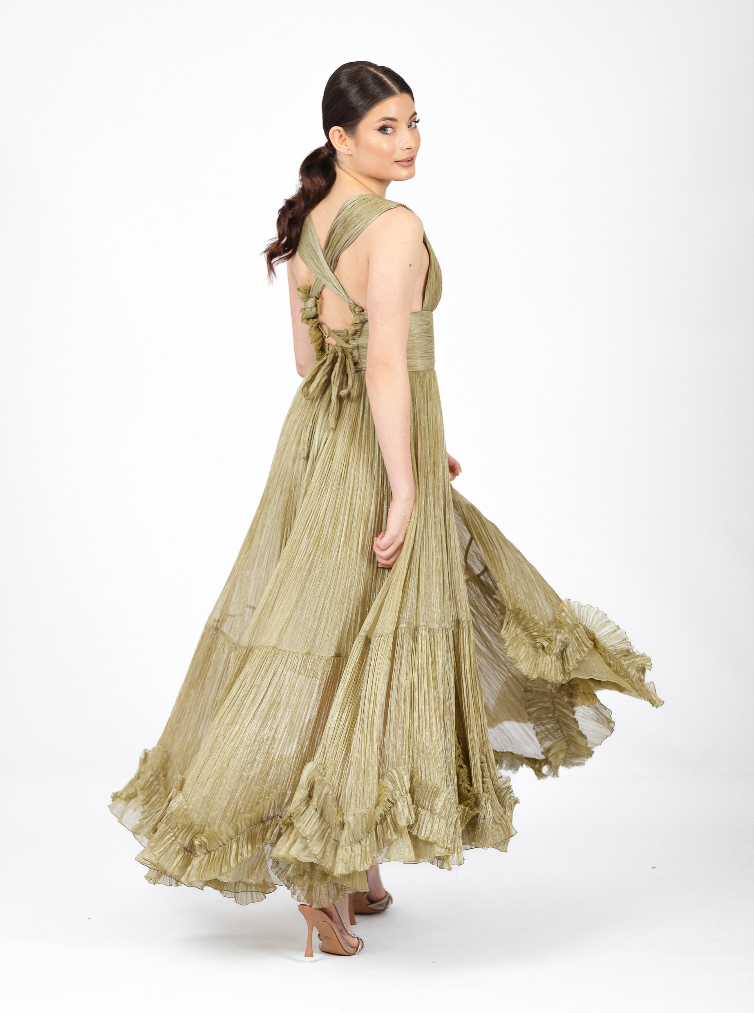 Rochie midi, Zoey, cu textură plisată, verde olive