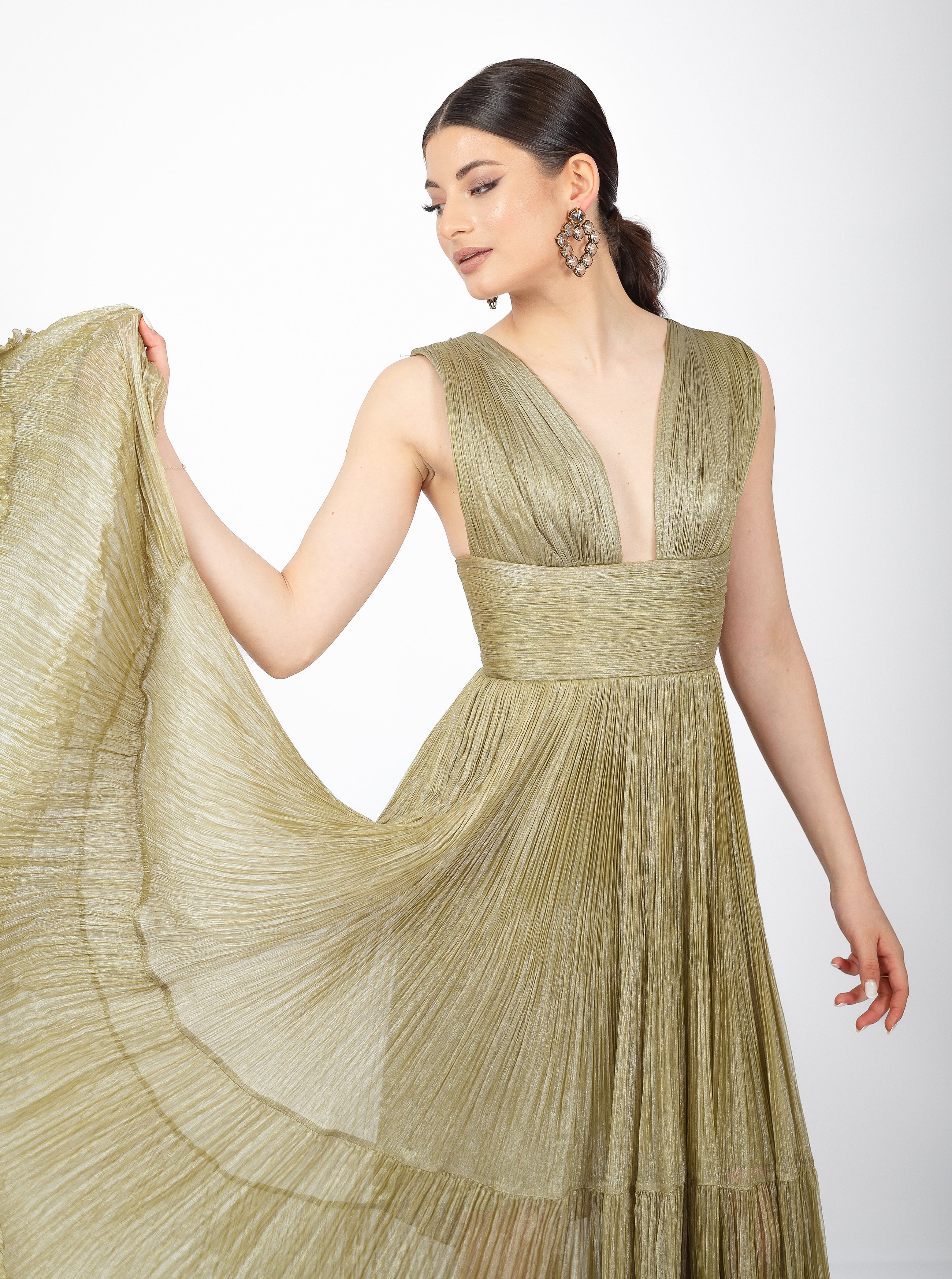 Rochie midi, Zoey, cu textură plisată, verde olive