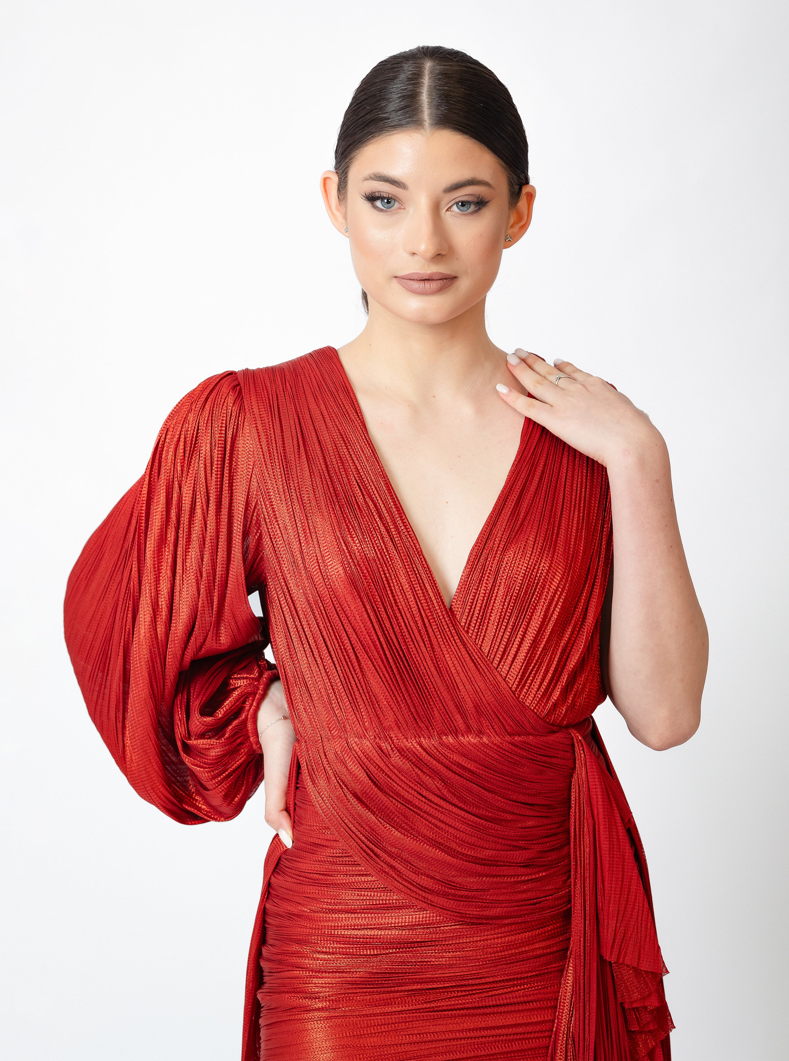 Rochie scurtă, Lida, cu mânecă bufantă și panglică pe picior, roșie