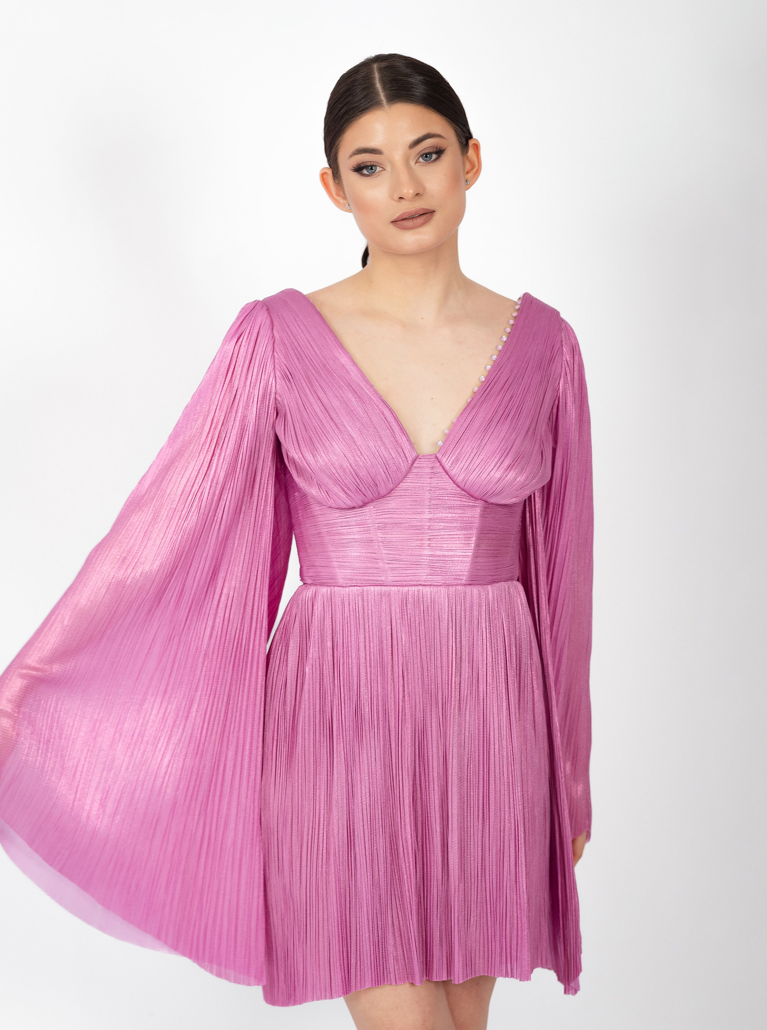 Rochie scurtă, Alma, cu mâneci vaporoase, purple orchid