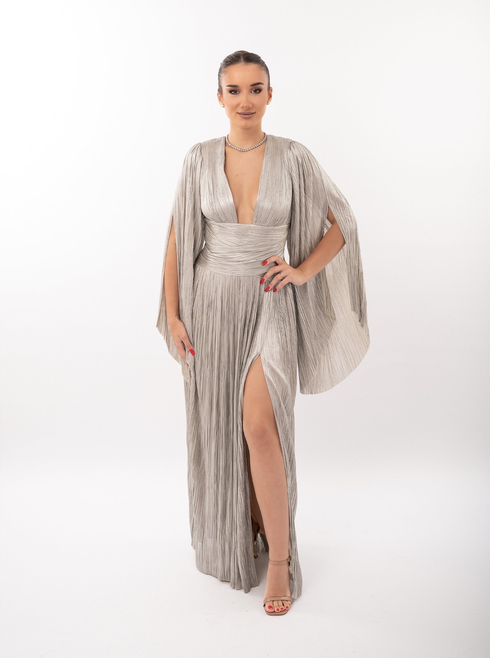 Rochie lungă, Alana, plisată, silver, cu fermoar ascuns
