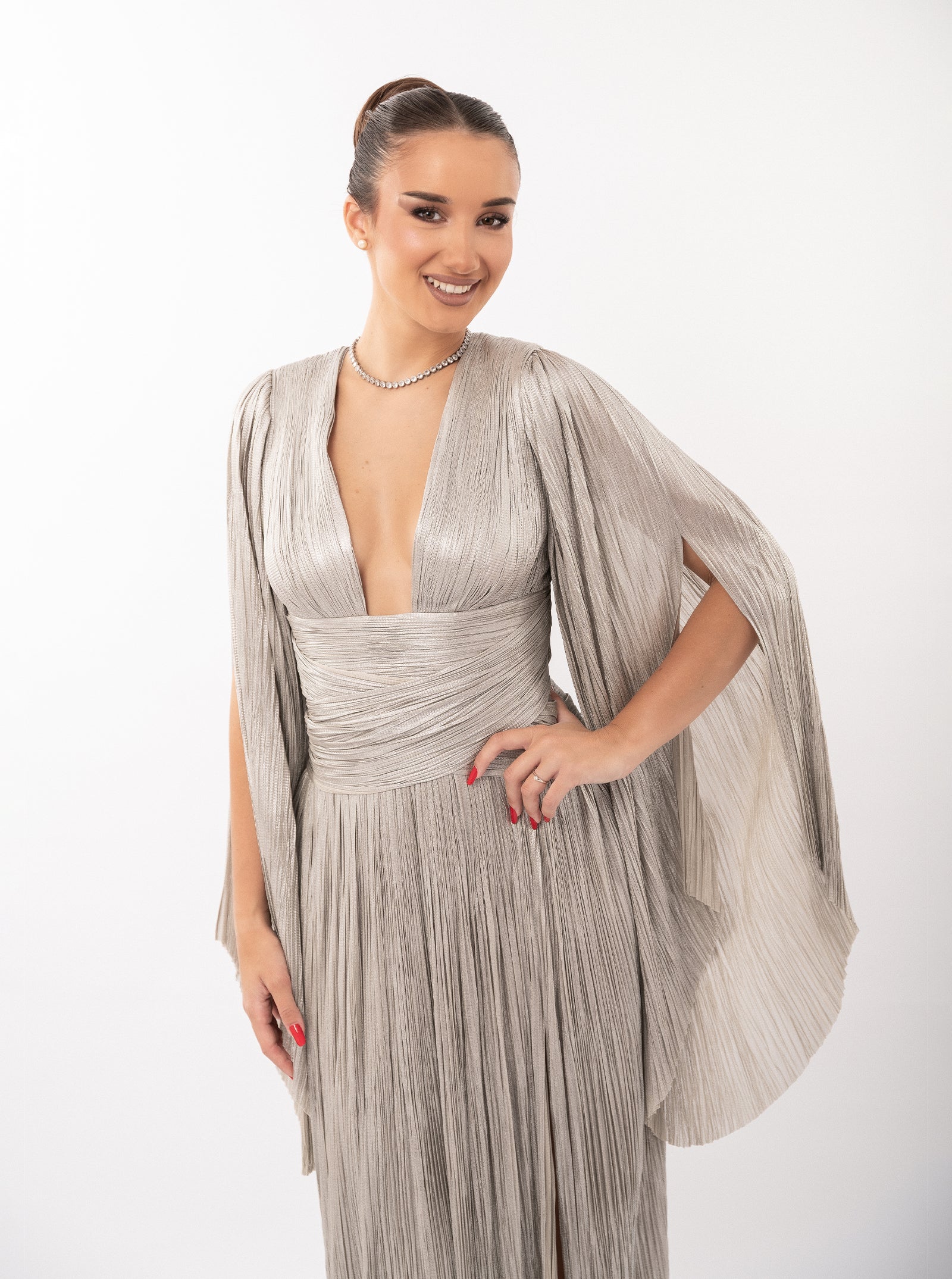 Rochie lungă, Alana, plisată, silver, cu fermoar ascuns
