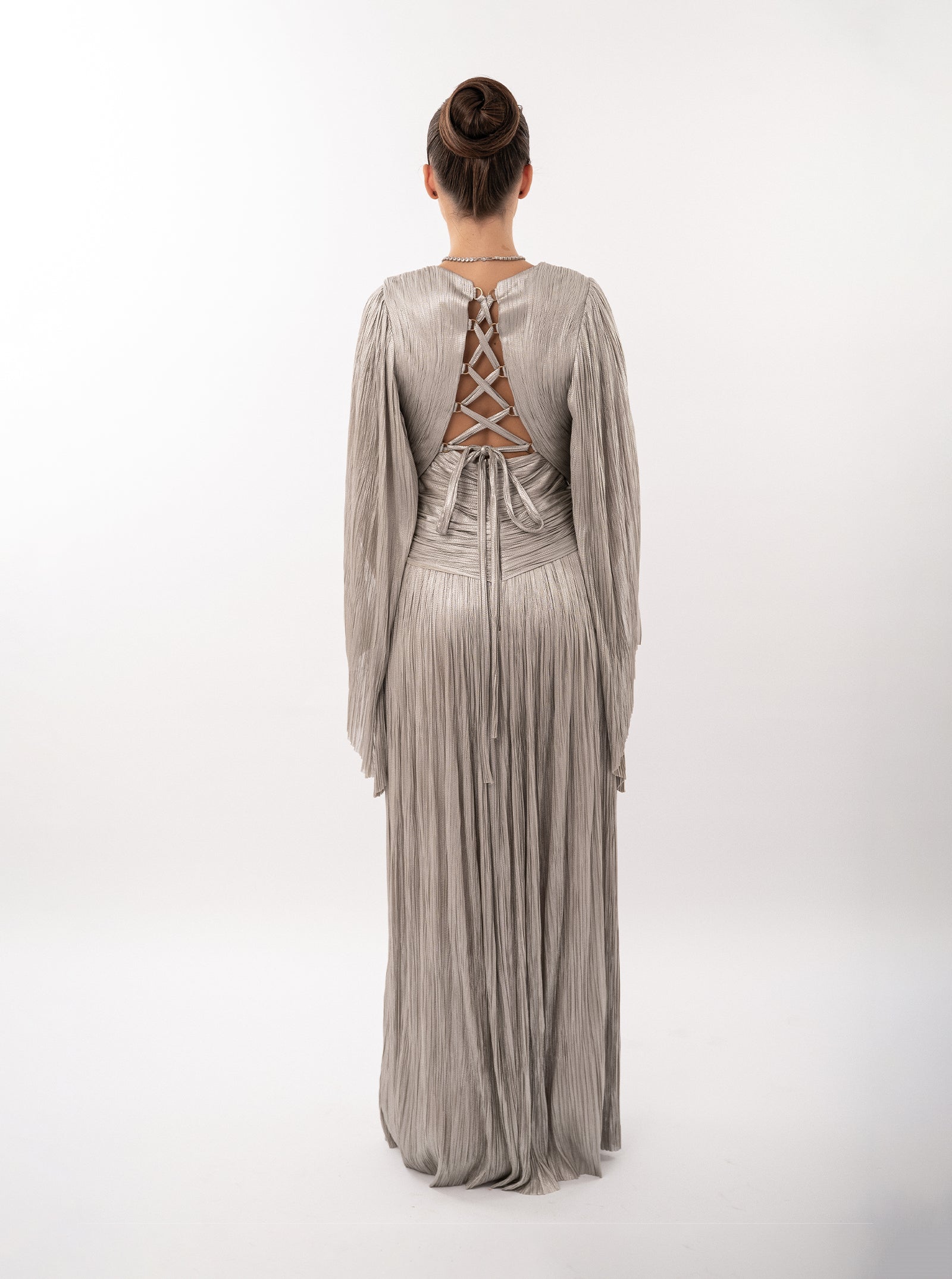Rochie lungă, Alana, plisată, silver, cu fermoar ascuns