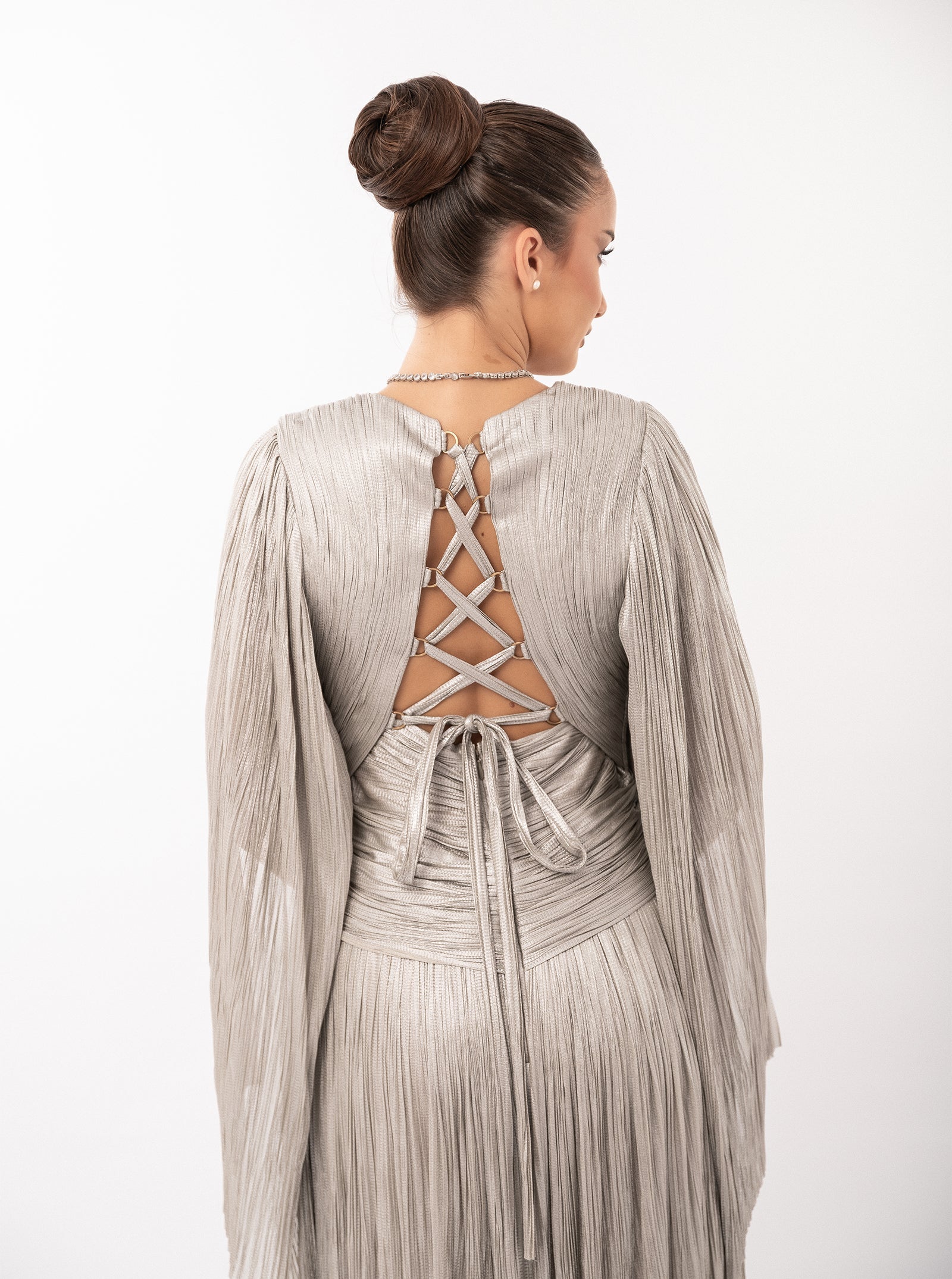 Rochie lungă, Alana, plisată, silver, cu fermoar ascuns