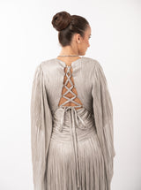 Rochie lungă, Alana, plisată, silver, cu fermoar ascuns