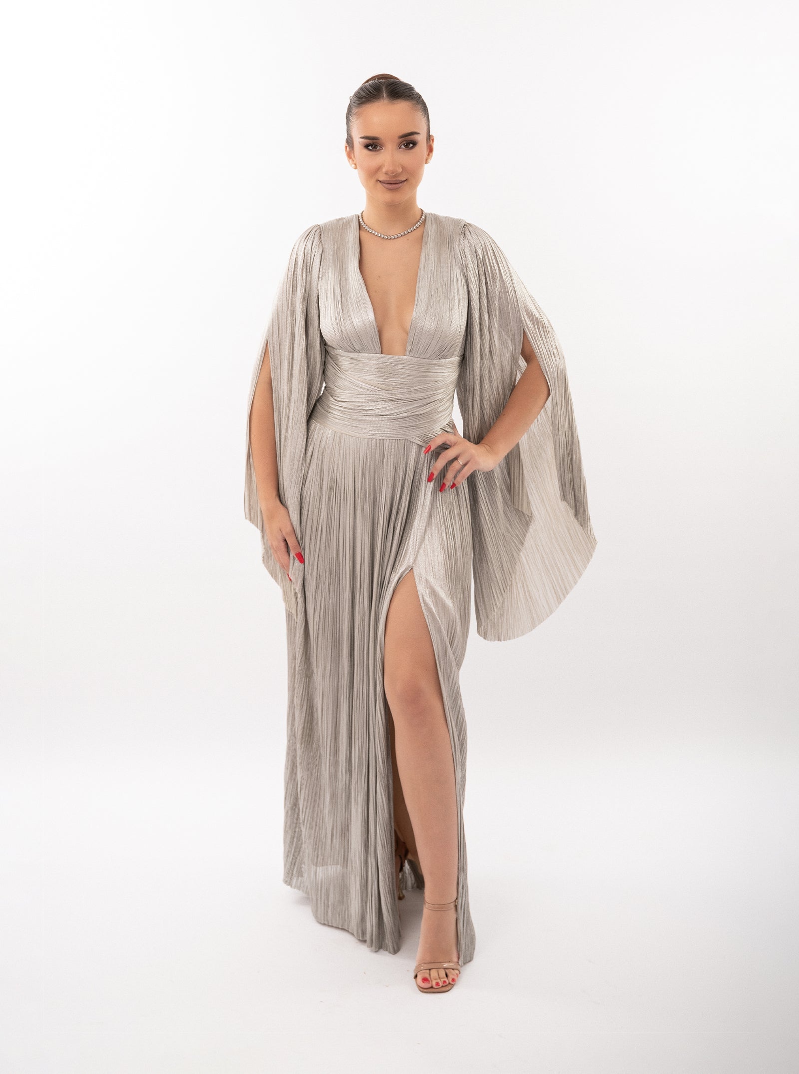 Rochie lungă, Alana, plisată, silver, cu fermoar ascuns