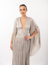 Rochie lungă, Alana, plisată, silver, cu fermoar ascuns