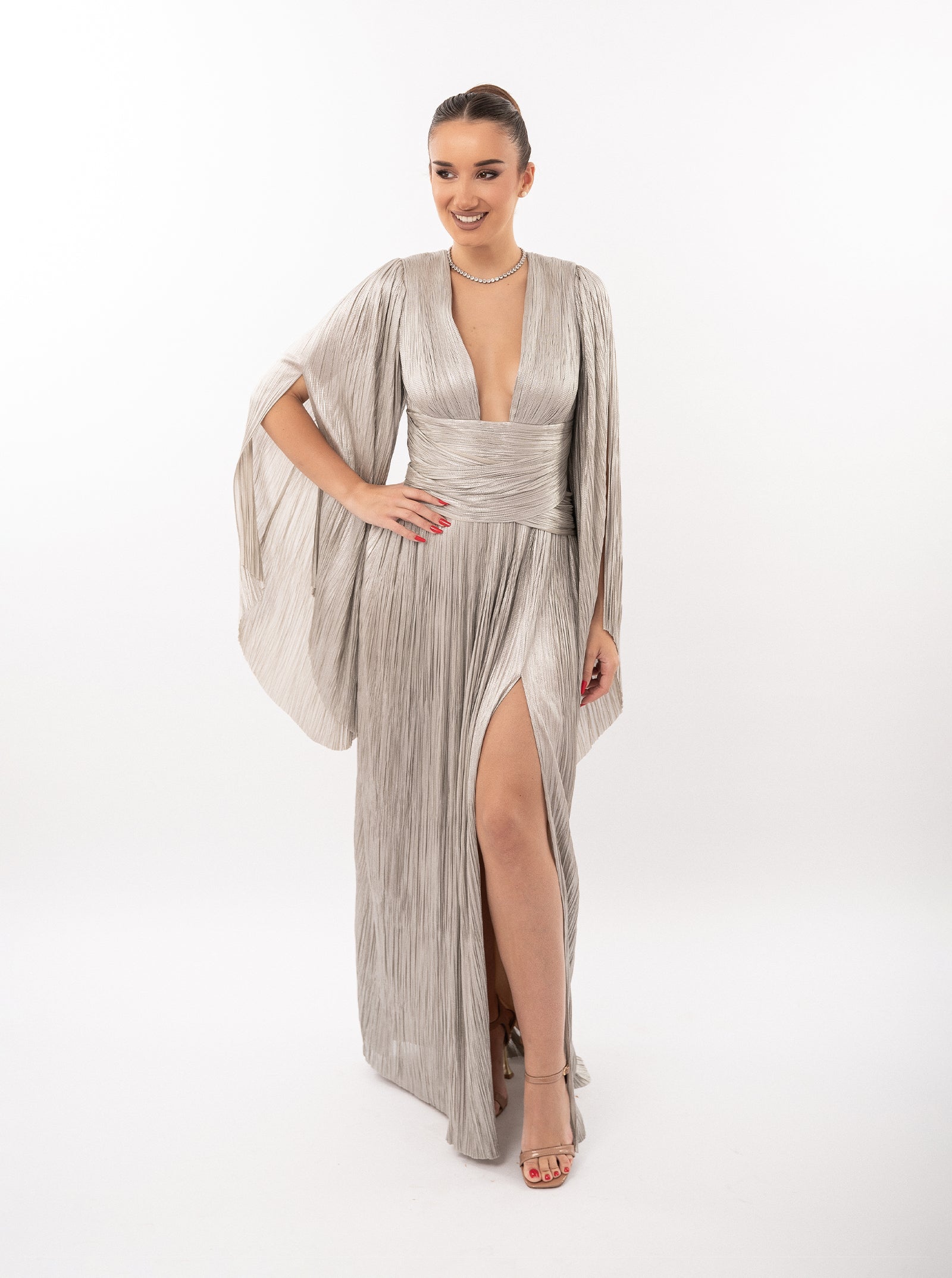 Rochie lungă, Alana, plisată, silver, cu fermoar ascuns