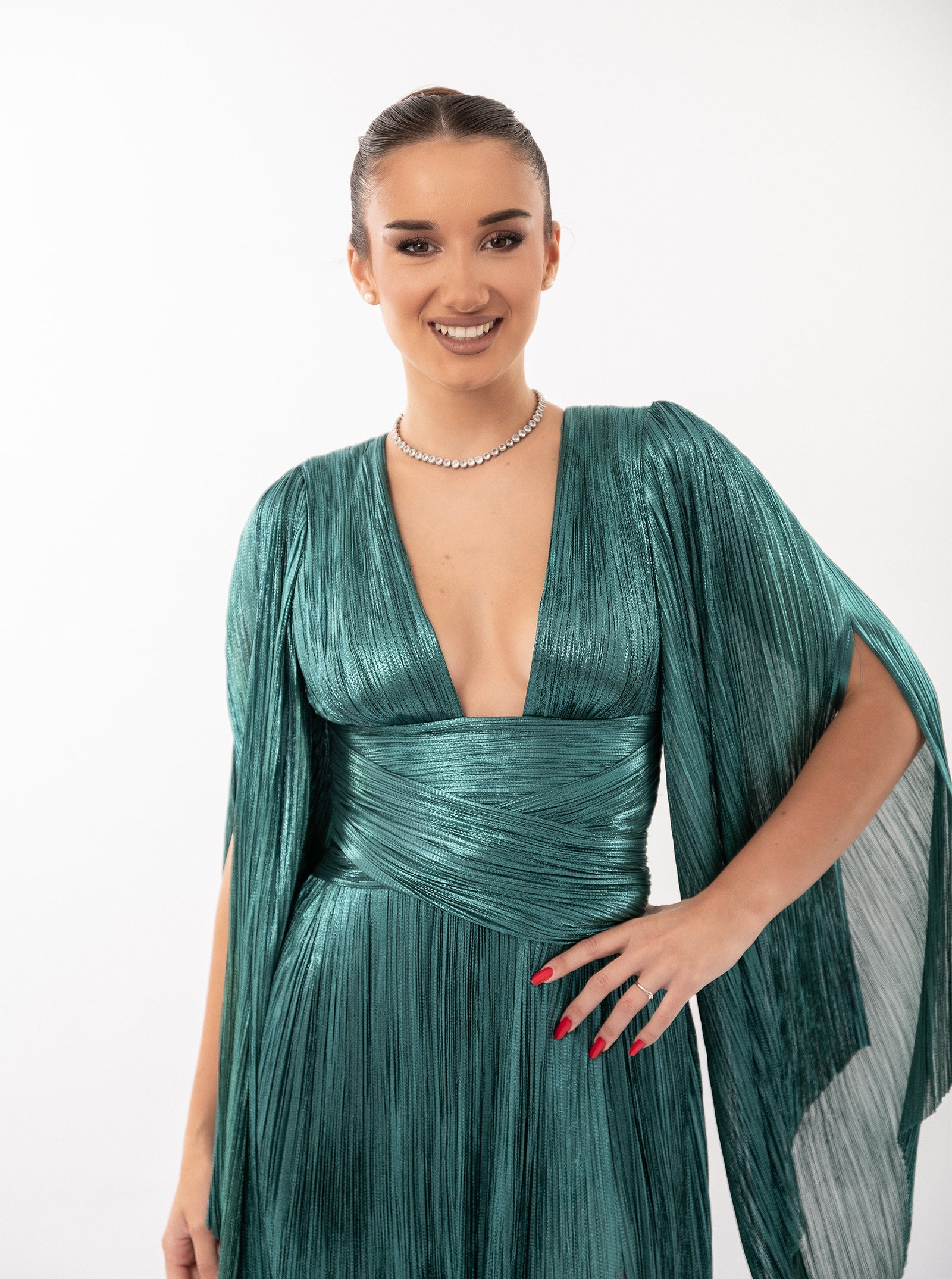 Rochie lungă, Alana, plisată, verde smarald