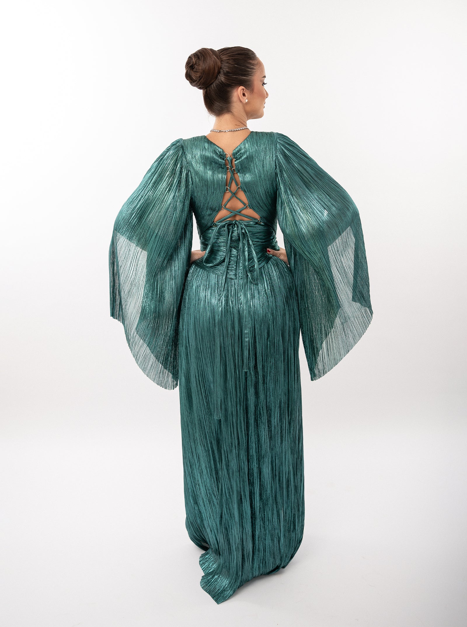 Rochie lungă, Alana, plisată, verde smarald
