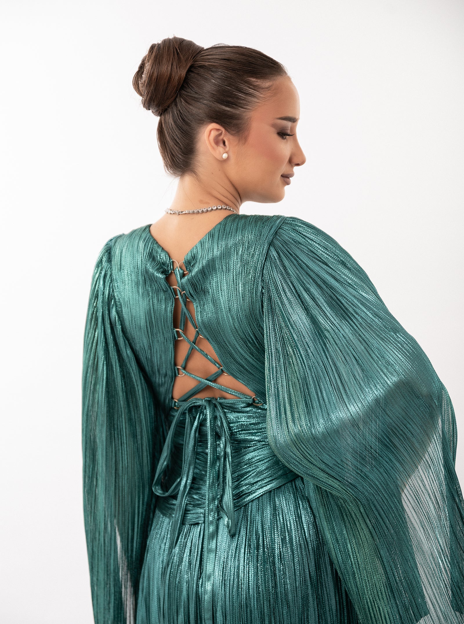 Rochie lungă, Alana, plisată, verde smarald