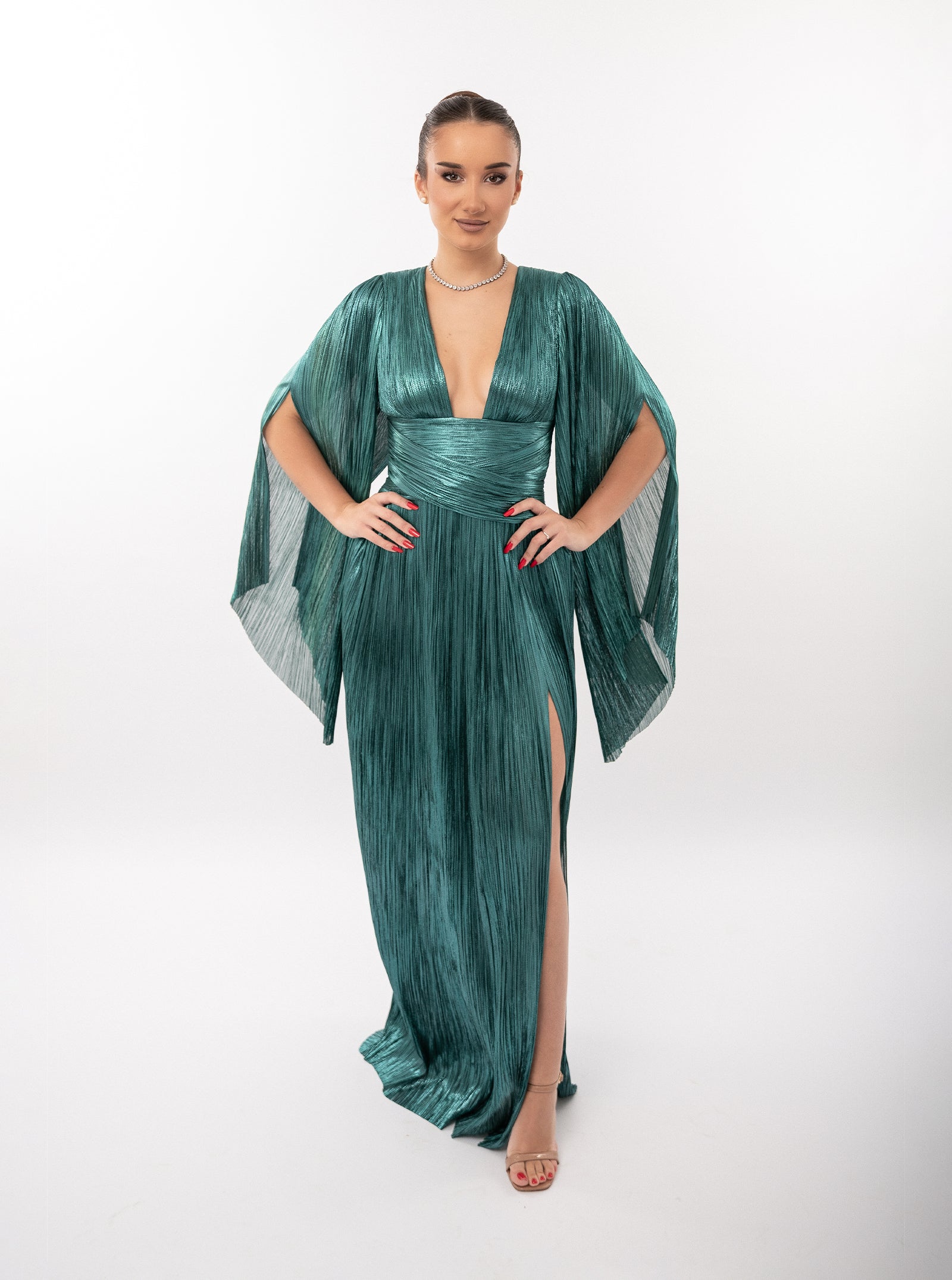Rochie lungă, Alana, plisată, verde smarald