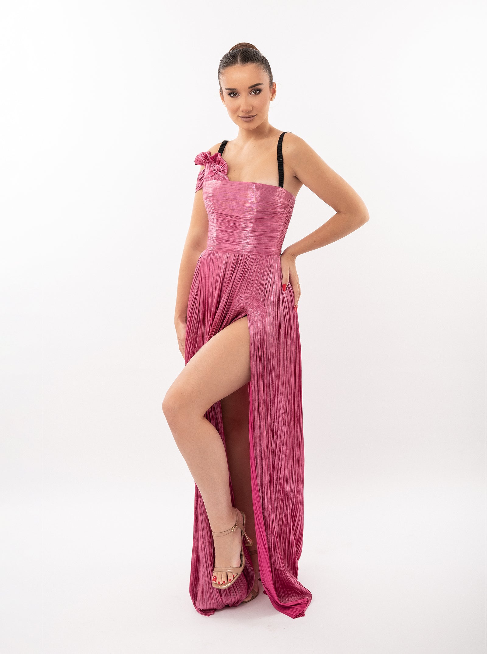 Rochie lungă, Odette, plisata, fuchsia