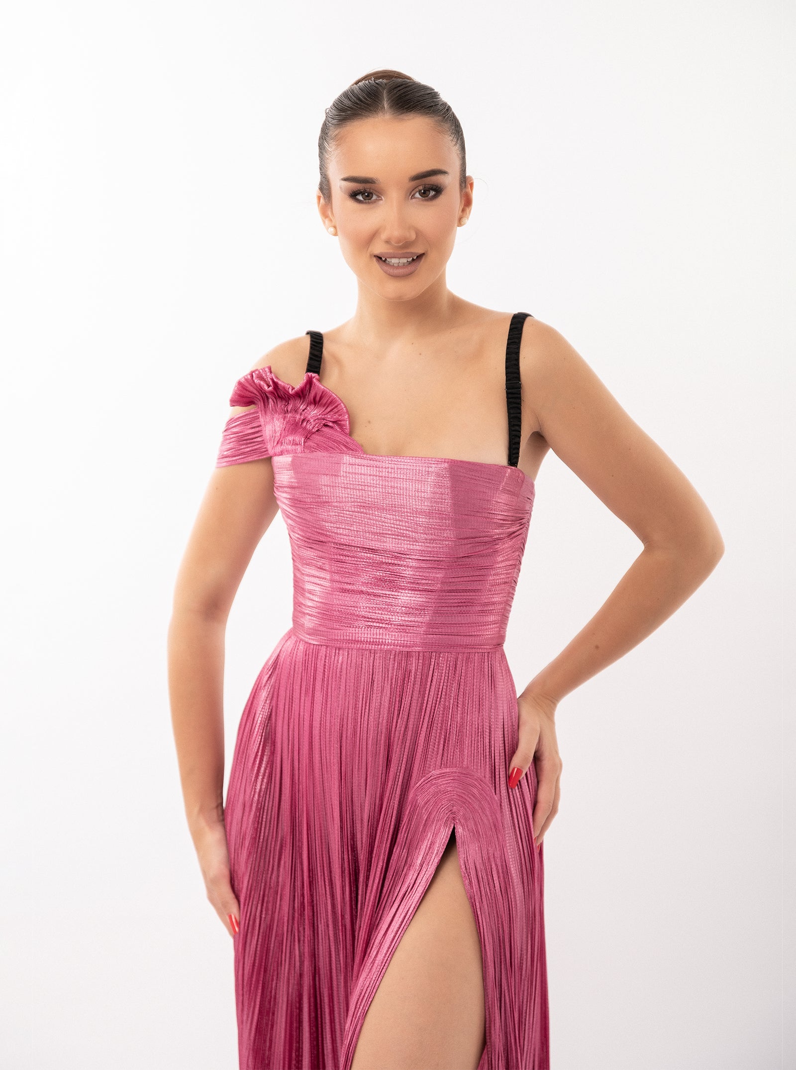 Rochie lungă, Odette, plisata, fuchsia