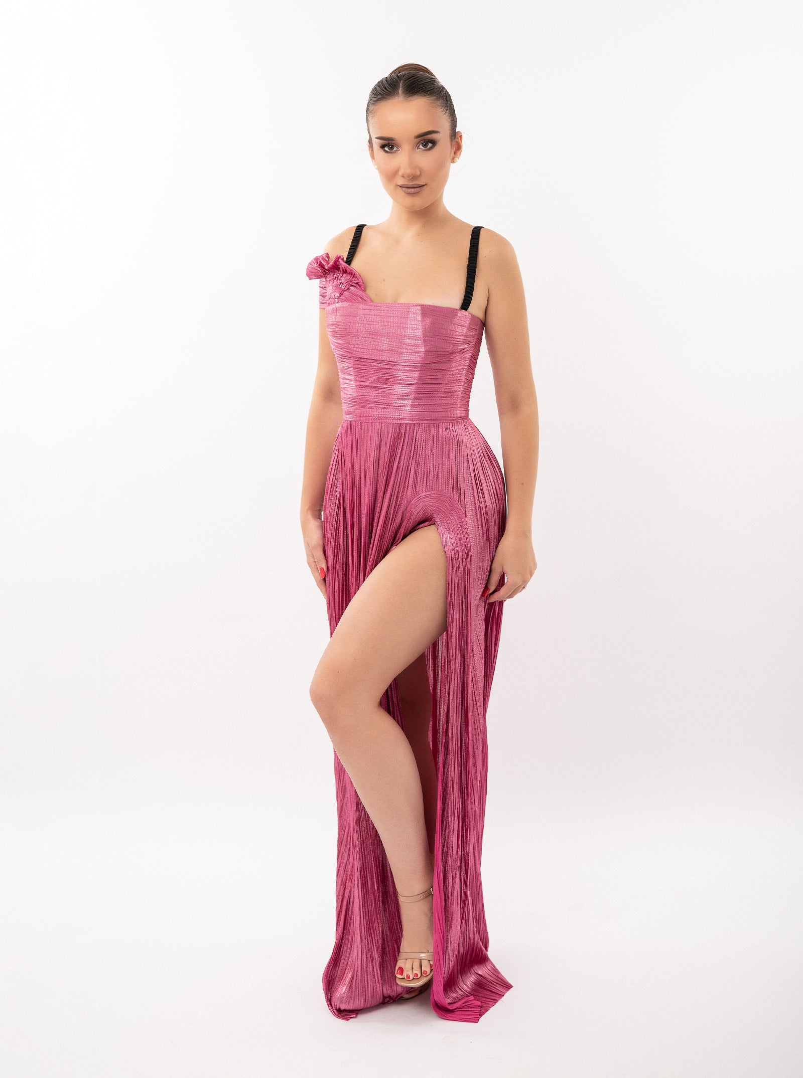 Rochie lungă, Odette, plisata, fuchsia