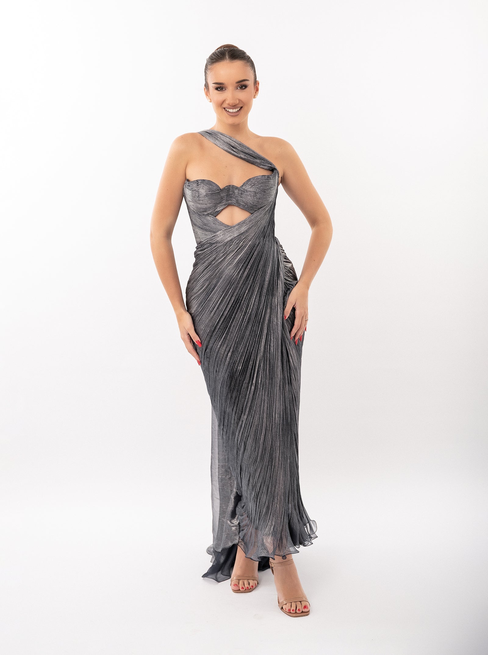 Rochie midi, Brook, cu derapaj elegant, albastru metalizat