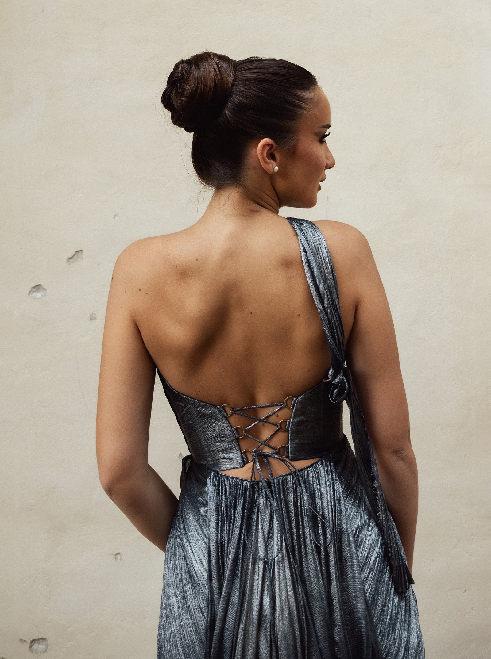 Rochie midi, Brook, cu derapaj elegant, albastru metalizat