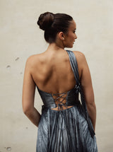 Rochie midi, Brook, cu derapaj elegant, albastru metalizat