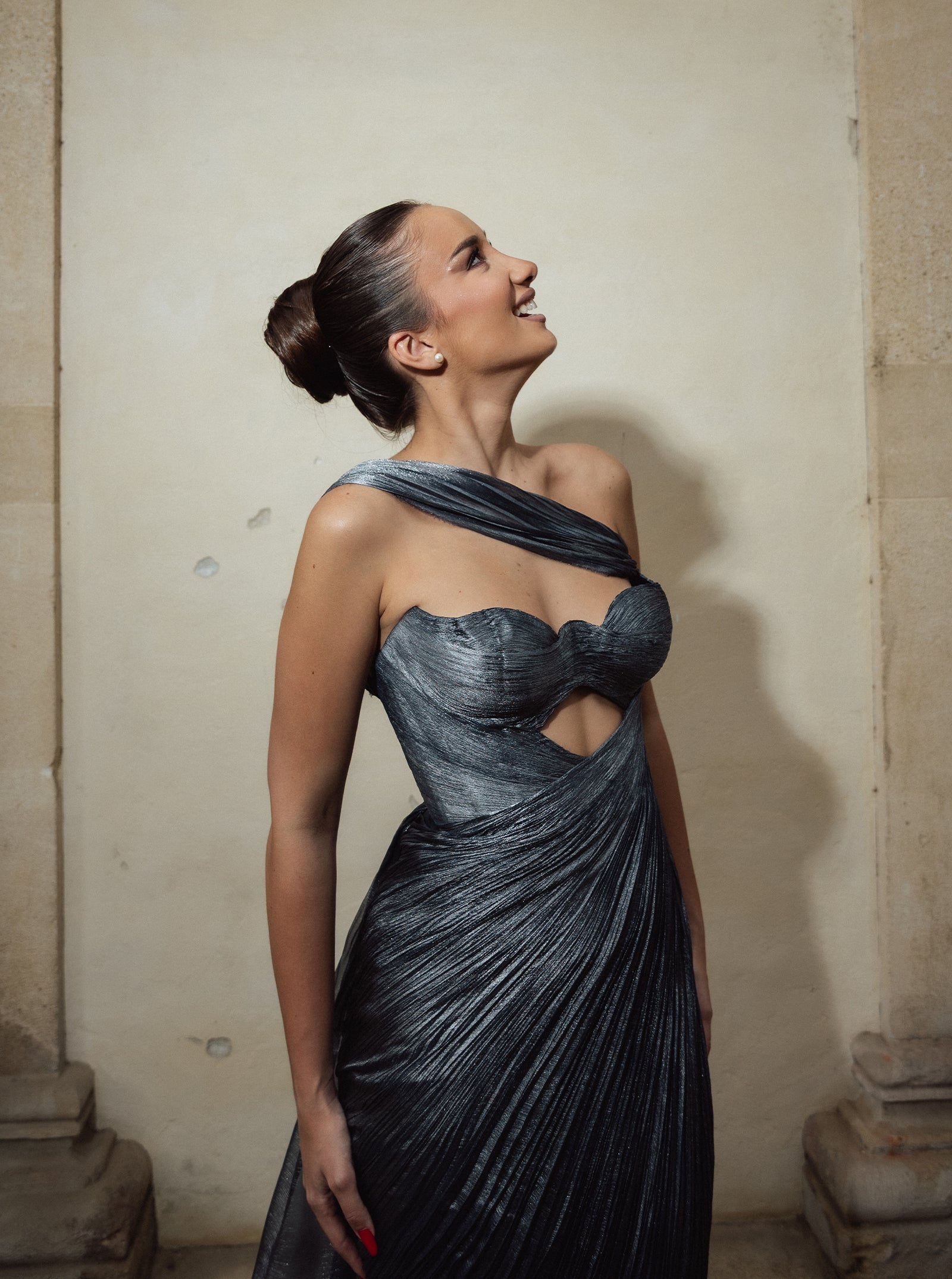 Rochie midi, Brook, cu derapaj elegant, albastru metalizat