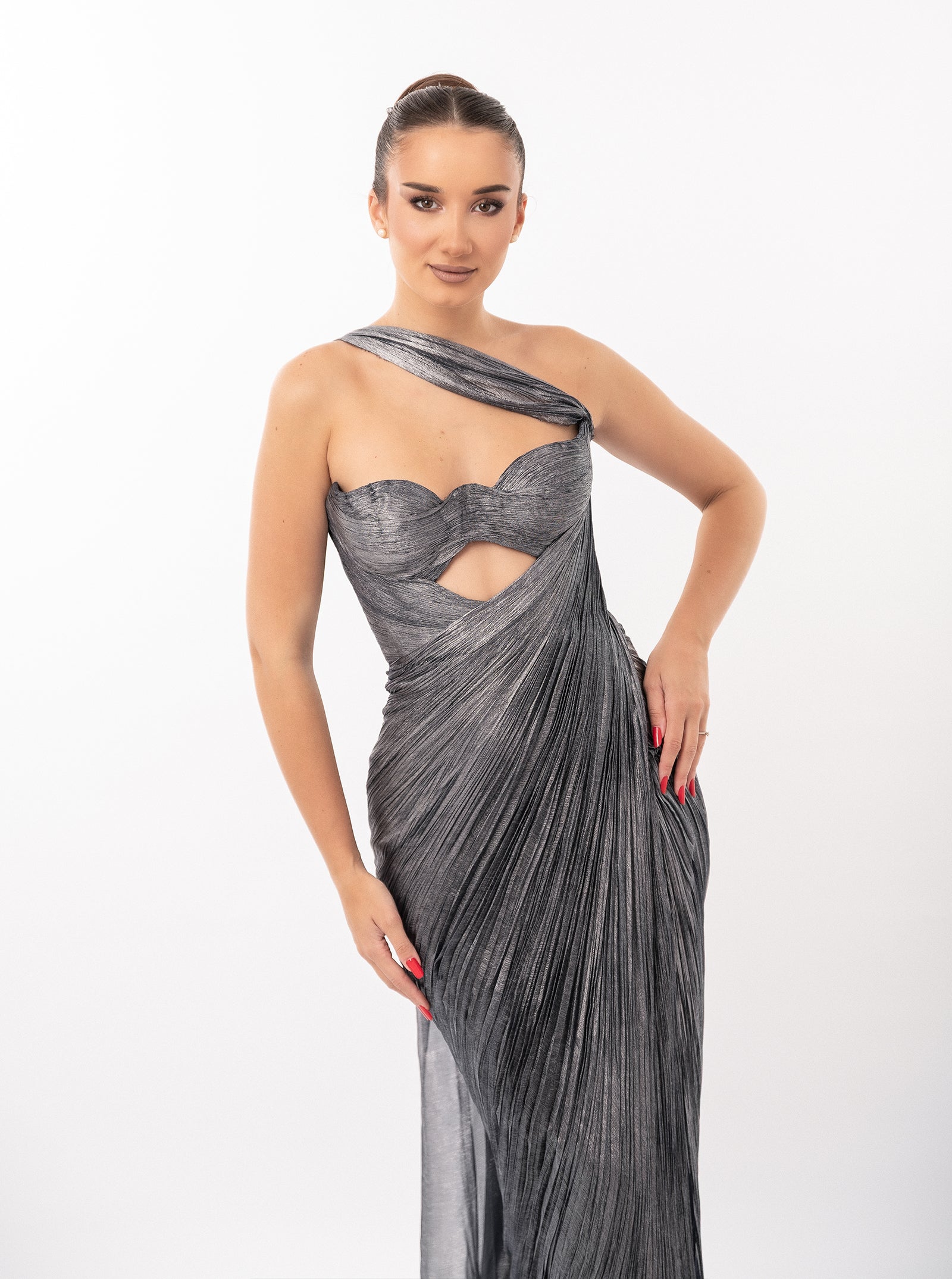 Rochie midi, Brook, cu derapaj elegant, albastru metalizat