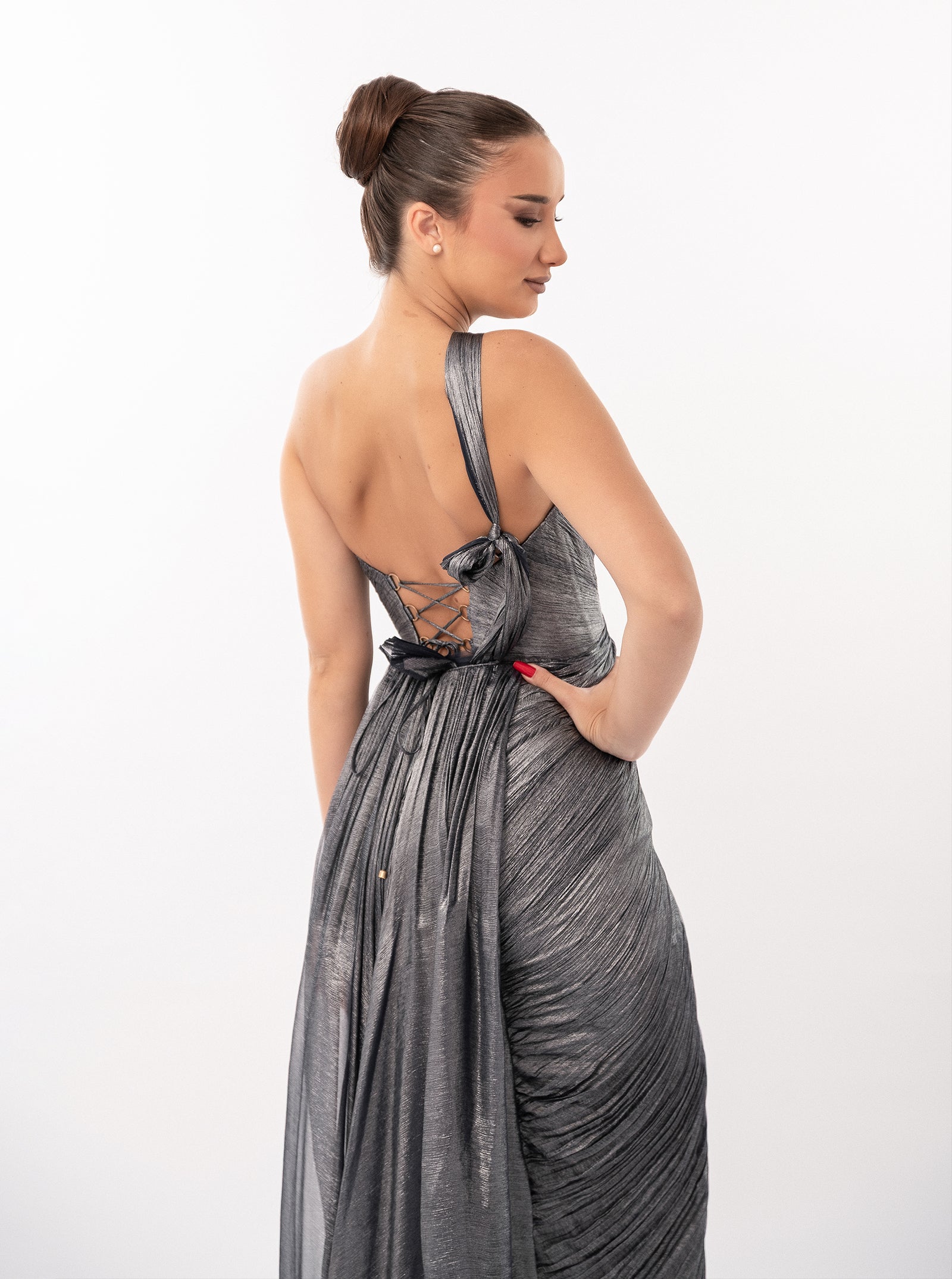 Rochie midi, Brook, cu derapaj elegant, albastru metalizat