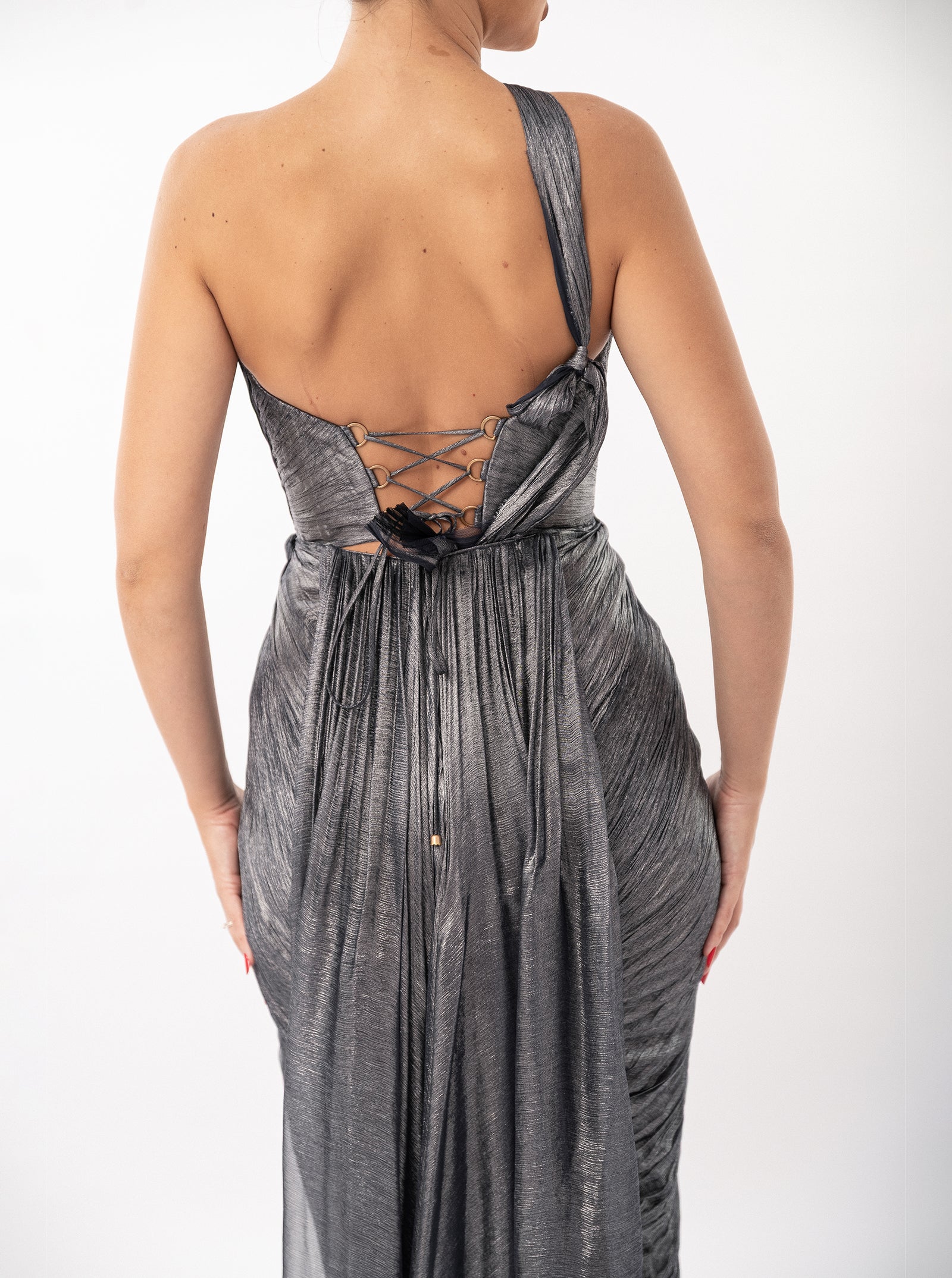 Rochie midi, Brook, cu derapaj elegant, albastru metalizat