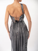 Rochie midi, Brook, cu derapaj elegant, albastru metalizat