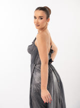 Rochie midi, Brook, cu derapaj elegant, albastru metalizat