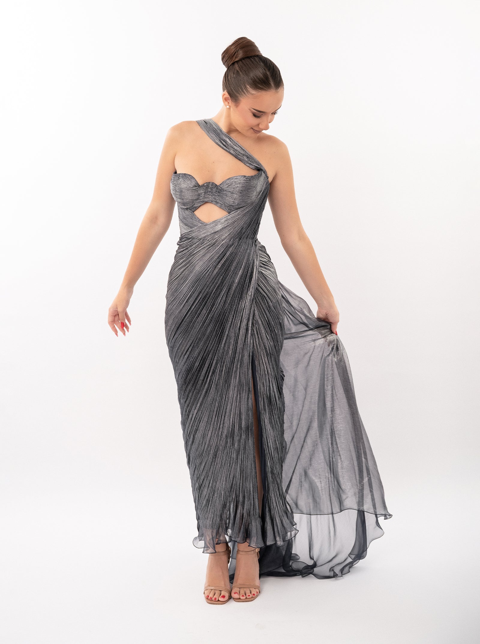 Rochie midi, Brook, cu derapaj elegant, albastru metalizat