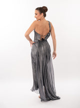 Rochie midi, Brook, cu derapaj elegant, albastru metalizat